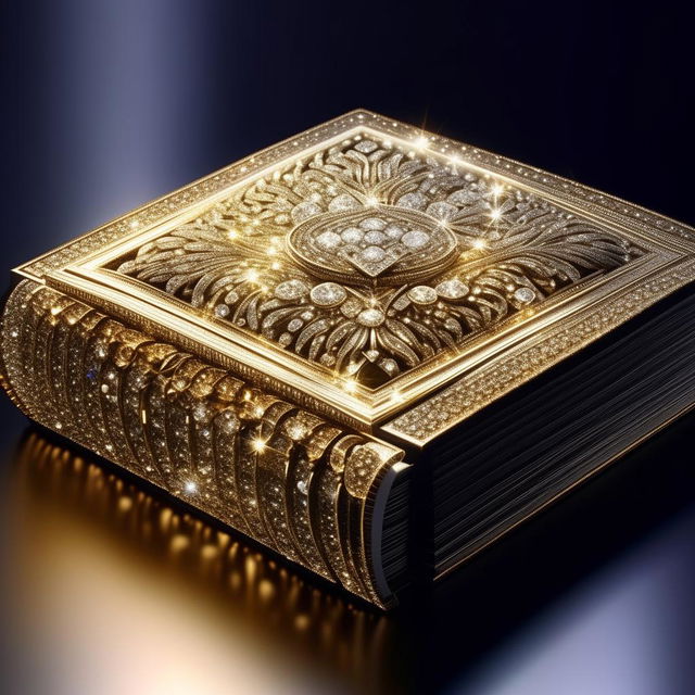 A luxurious book with pages and cover made entirely of sparkling diamonds, reflecting light, intricate details