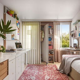 Create a light and airy 10x14 ft bedroom layout featuring a window, study desk with a computer, cupboard, bed, rug, mirror, curtains, indoor plants, and desk organizers, arranged for optimal functionality and aesthetic harmony.