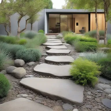 The pebbly pathway in the garden adds a rustic touch to the modern architectural design of the house.