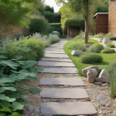 The pebbly pathway in the garden adds a rustic touch to the modern architectural design of the house.