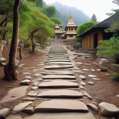 The pebbly path towards the shrine symbolizes the challenging journey of devotion and spirituality.