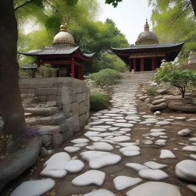 The pebbly path towards the shrine symbolizes the challenging journey of devotion and spirituality.