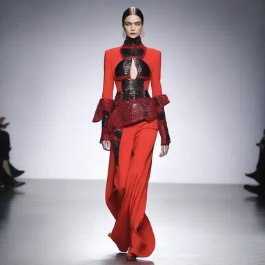The designer styled the model's outfit decisively, creating a bold and striking look.