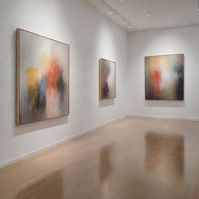 A high-end gallery scene featuring paintings with blurred brushstrokes that artistically capture the essence of light.