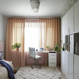 Create a light and airy 10x14 ft bedroom layout featuring a window, study desk with a computer, cupboard, bed, rug, mirror, curtains, indoor plants, and desk organizers, arranged for optimal functionality and aesthetic harmony.