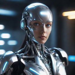 A futuristic AI character with gleaming metallic surfaces, illuminated LED patterns, and expressive humanoid eyes.