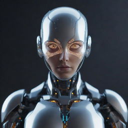 A futuristic AI character with gleaming metallic surfaces, illuminated LED patterns, and expressive humanoid eyes.