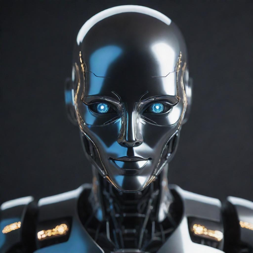 A futuristic AI character with gleaming metallic surfaces, illuminated LED patterns, and expressive humanoid eyes.