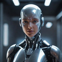 A futuristic AI character with gleaming metallic surfaces, illuminated LED patterns, and expressive humanoid eyes.