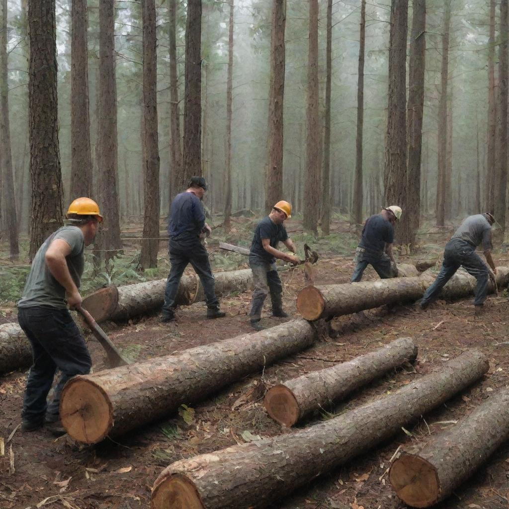 A group of men actively cutting down a mature forest, using chainsaws and axes, with piles of timber around them, conveying a strong message of deforestation.