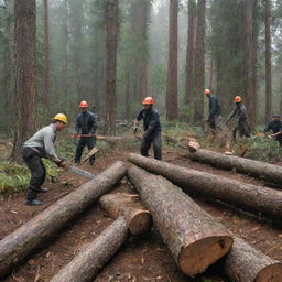 A group of men actively cutting down a mature forest, using chainsaws and axes, with piles of timber around them, conveying a strong message of deforestation.