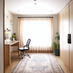 Create a light and airy 10x14 ft bedroom layout featuring a window, study desk with a computer, cupboard, bed, rug, mirror, curtains, indoor plants, and desk organizers, arranged for optimal functionality and aesthetic harmony.