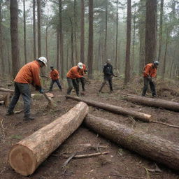 A group of men actively cutting down a mature forest, using chainsaws and axes, with piles of timber around them, conveying a strong message of deforestation.