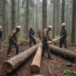 A group of men actively cutting down a mature forest, using chainsaws and axes, with piles of timber around them, conveying a strong message of deforestation.