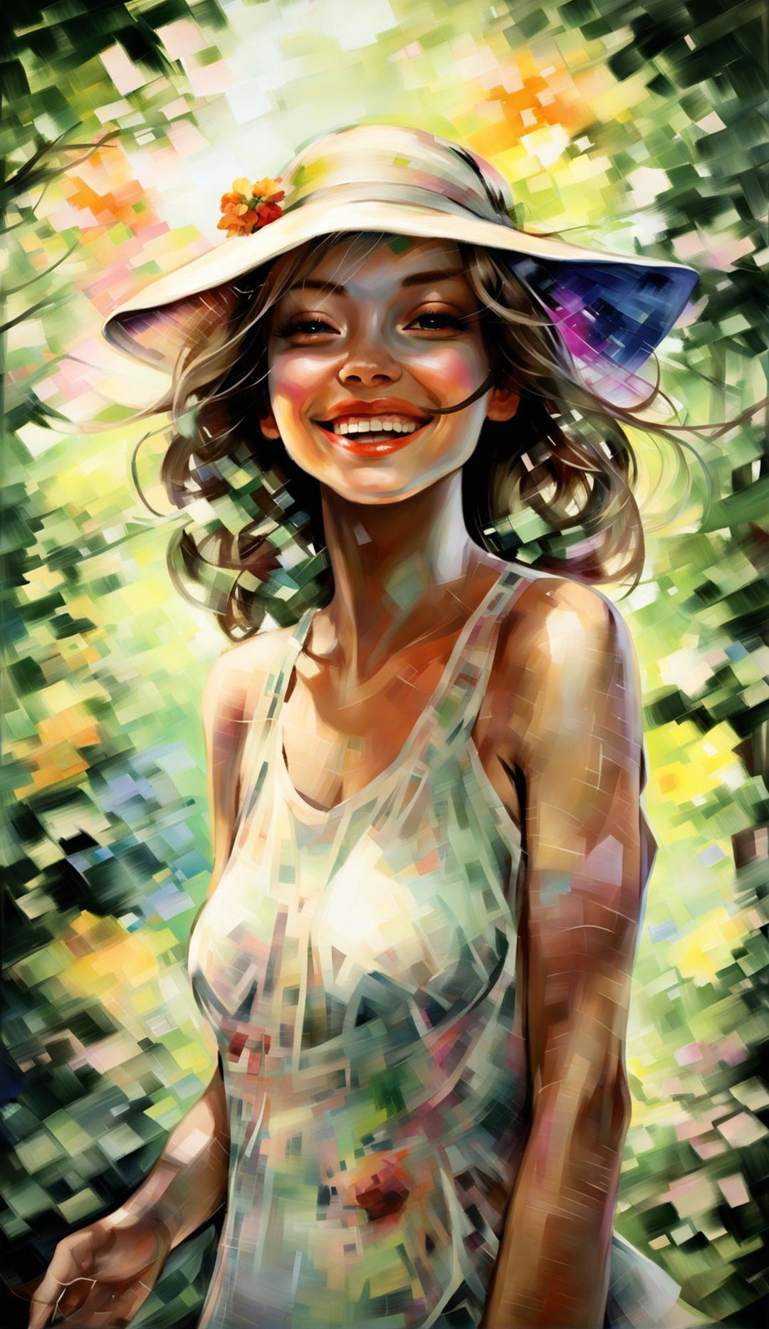 Impressionist watercolour painting of a laughing woman in sundress and wide-brimmed hat against a nature landscape background, displayed in a high-end gallery with an emphasis on painted light.