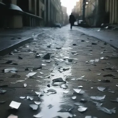 In the suspenseful movie scene, the villain strewed broken glass on the path to slow down the pursuers.