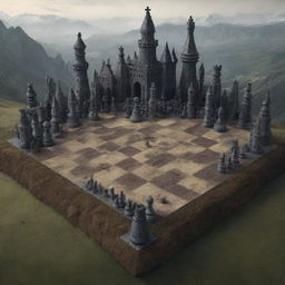 A realistic artistic representation of a fantastical land shaped by chess pieces, with pawns as houses, rooks as mountains, and bishops, knights, and queens as intricate monuments and structures.