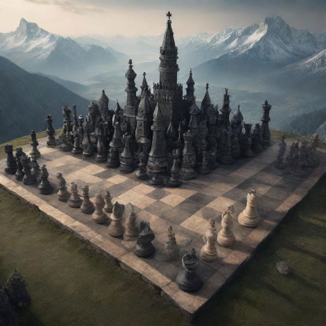 A realistic artistic representation of a fantastical land shaped by chess pieces, with pawns as houses, rooks as mountains, and bishops, knights, and queens as intricate monuments and structures.