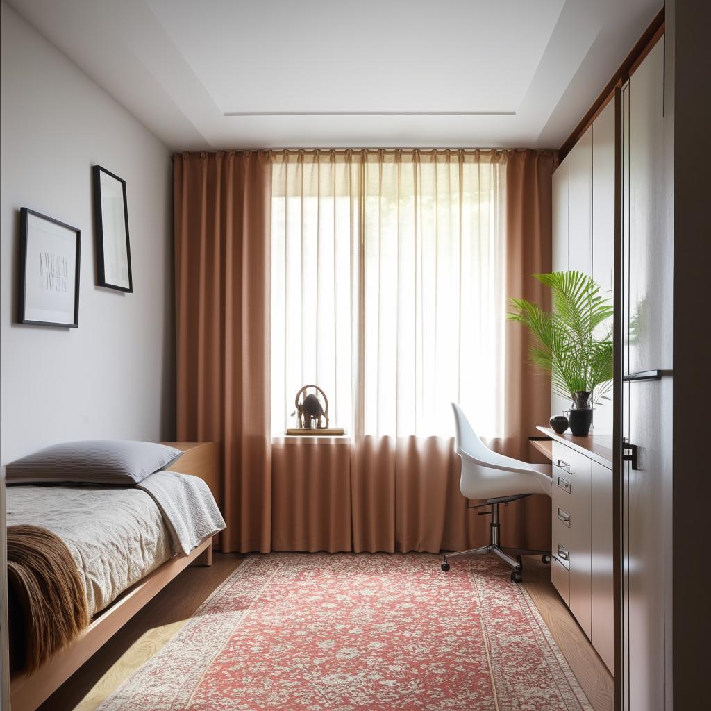 Create a light and airy 10x14 ft bedroom layout featuring a window, study desk with a computer, cupboard, bed, rug, mirror, curtains, indoor plants, and desk organizers, arranged for optimal functionality and aesthetic harmony.