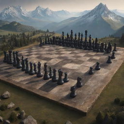 A realistic artistic representation of a fantastical land shaped by chess pieces, with pawns as houses, rooks as mountains, and bishops, knights, and queens as intricate monuments and structures.