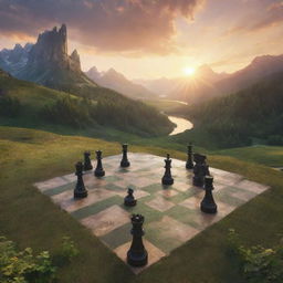 A captivating fantasy landscape where oversized chess pieces occupy the terrain. They are nestled among verdant meadows, mystic mountains, and sparkling rivers. A king's crown on the horizon backlit by a stunning sunset.