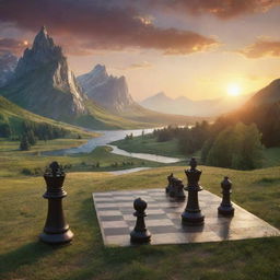 A captivating fantasy landscape where oversized chess pieces occupy the terrain. They are nestled among verdant meadows, mystic mountains, and sparkling rivers. A king's crown on the horizon backlit by a stunning sunset.