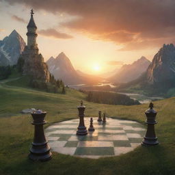 A captivating fantasy landscape where oversized chess pieces occupy the terrain. They are nestled among verdant meadows, mystic mountains, and sparkling rivers. A king's crown on the horizon backlit by a stunning sunset.