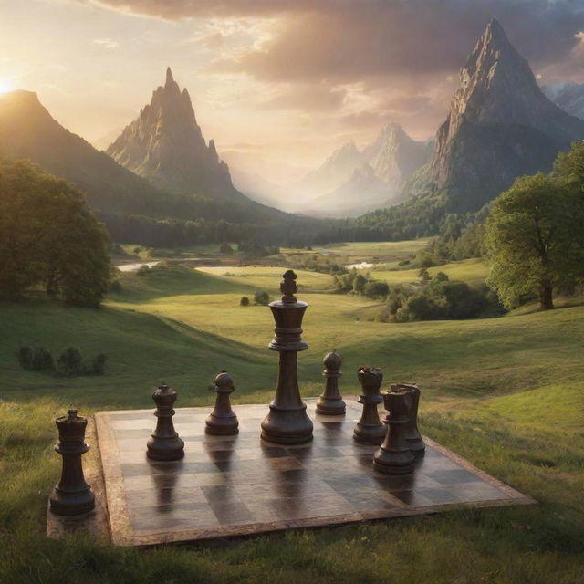 A captivating fantasy landscape where oversized chess pieces occupy the terrain. They are nestled among verdant meadows, mystic mountains, and sparkling rivers. A king's crown on the horizon backlit by a stunning sunset.