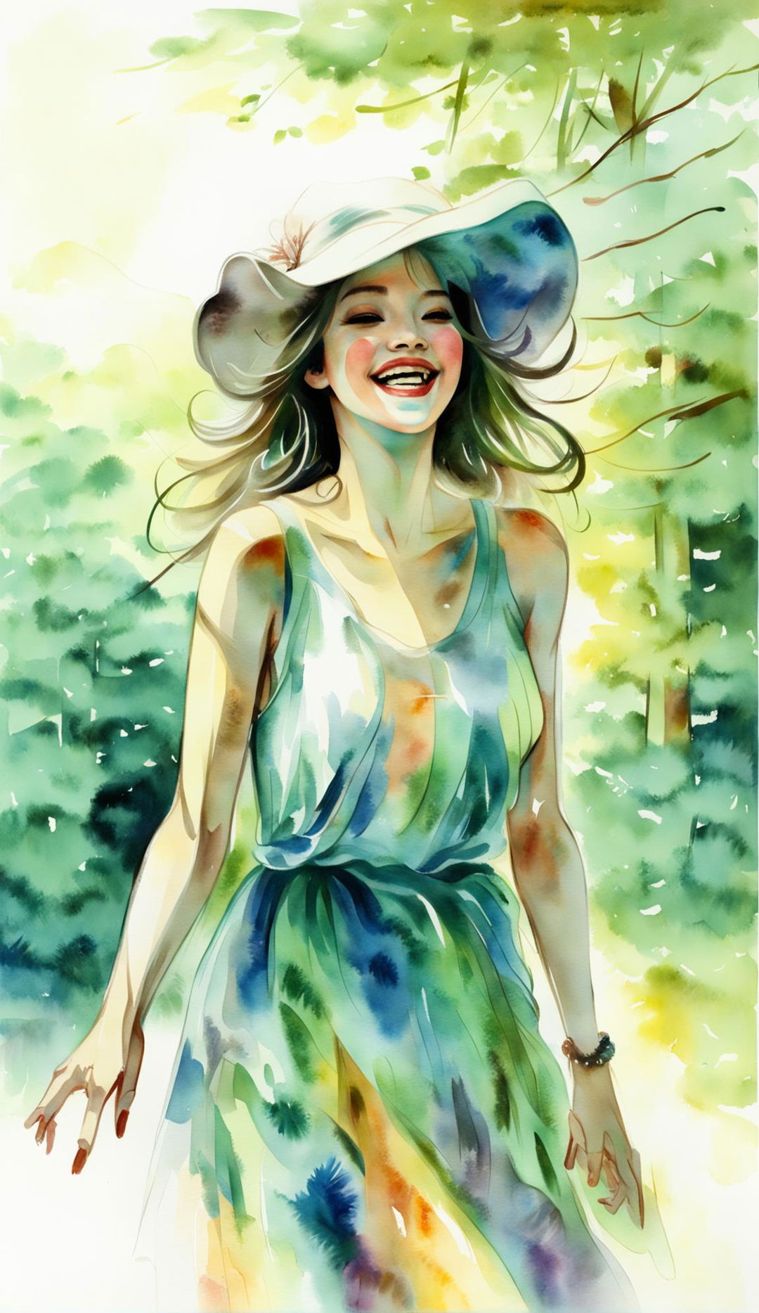 A dreamy watercolor painting in a high-end gallery featuring a laughing woman in a sundress and wide-brimmed hat, set against a nature landscape, characterized by soft, faded brushstrokes and beautifully painted light.