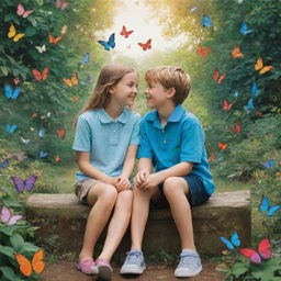 A girl named 'T' and a boy named 'M' seated lovingly in a vibrant park teeming with beautiful butterflies fluttering around them.