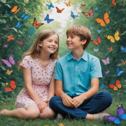 A girl named 'T' and a boy named 'M' seated lovingly in a vibrant park teeming with beautiful butterflies fluttering around them.