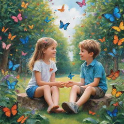 A girl named 'T' and a boy named 'M' seated lovingly in a vibrant park teeming with beautiful butterflies fluttering around them.