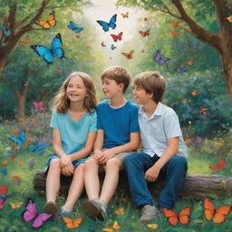 A girl named 'T' and a boy named 'M' seated lovingly in a vibrant park teeming with beautiful butterflies fluttering around them.