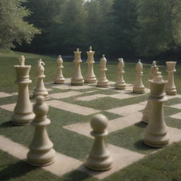 An enchanting world where human-sized chess pieces act as players, moving around a board made of grassy hills, mystical forests, and shimmering lakes. The chess pieces are intricate, animated humans imbued with fantasy elements.