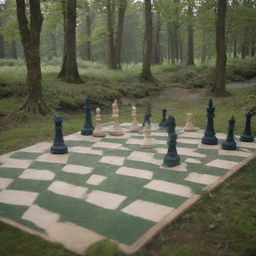 An enchanting world where human-sized chess pieces act as players, moving around a board made of grassy hills, mystical forests, and shimmering lakes. The chess pieces are intricate, animated humans imbued with fantasy elements.