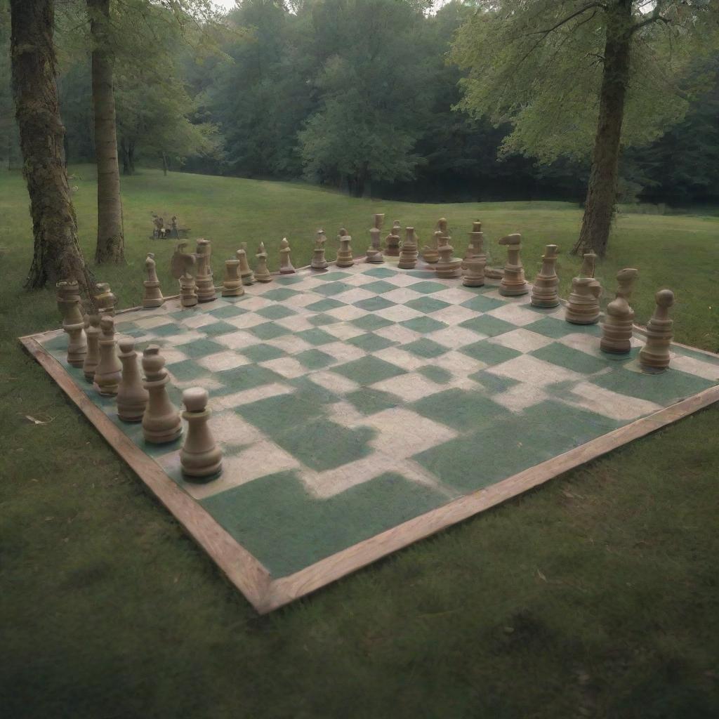 An enchanting world where human-sized chess pieces act as players, moving around a board made of grassy hills, mystical forests, and shimmering lakes. The chess pieces are intricate, animated humans imbued with fantasy elements.