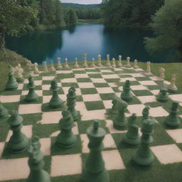 An enchanting world where human-sized chess pieces act as players, moving around a board made of grassy hills, mystical forests, and shimmering lakes. The chess pieces are intricate, animated humans imbued with fantasy elements.