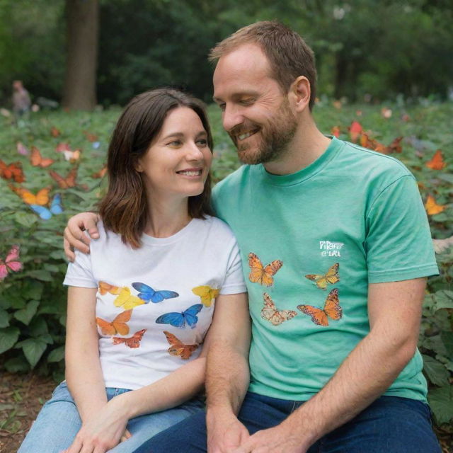 An adult couple, the woman wearing a T-shirt labeled 'T' and the man wearing a T-shirt labeled 'M', sitting in a lush park swarming with colorful butterflies.