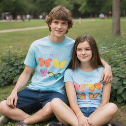 A teenage couple, the girl wearing a T-shirt labeled 'T' and the boy wearing a T-shirt labeled 'M', sitting in a colorful park brimming with butterflies.