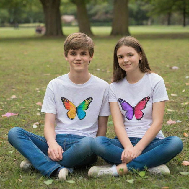 A teenage couple, the girl wearing a T-shirt labeled 'T' and the boy wearing a T-shirt labeled 'M', sitting in a colorful park brimming with butterflies.