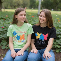 A teenage couple, the girl wearing a T-shirt labeled 'T' and the boy wearing a T-shirt labeled 'M', sitting in a colorful park brimming with butterflies.