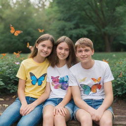 A teenage couple, the girl wearing a T-shirt labeled 'T' and the boy wearing a T-shirt labeled 'M', sitting in a colorful park brimming with butterflies.