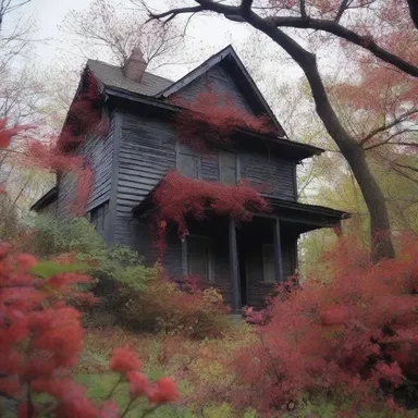 The haunted house was surrounded by an eerie redberry bush, adding to the creepy atmosphere.