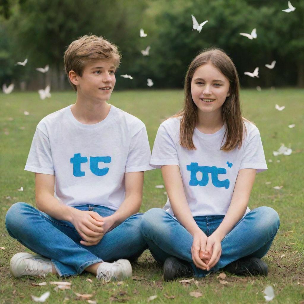 A teenage couple, the girl wearing a T-shirt with the letter 'T' and the boy wearing a T-shirt with the letter 'M', sitting in a park filled with fluttering butterflies.