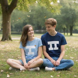 A teenage couple, the girl wearing a T-shirt with the letter 'T' and the boy wearing a T-shirt with the letter 'M', sitting in a park filled with fluttering butterflies.