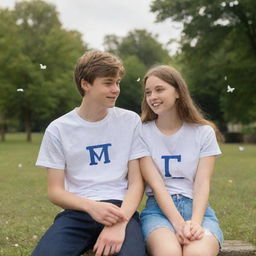 A teenage couple, the girl wearing a T-shirt with the letter 'T' and the boy wearing a T-shirt with the letter 'M', sitting in a park filled with fluttering butterflies.