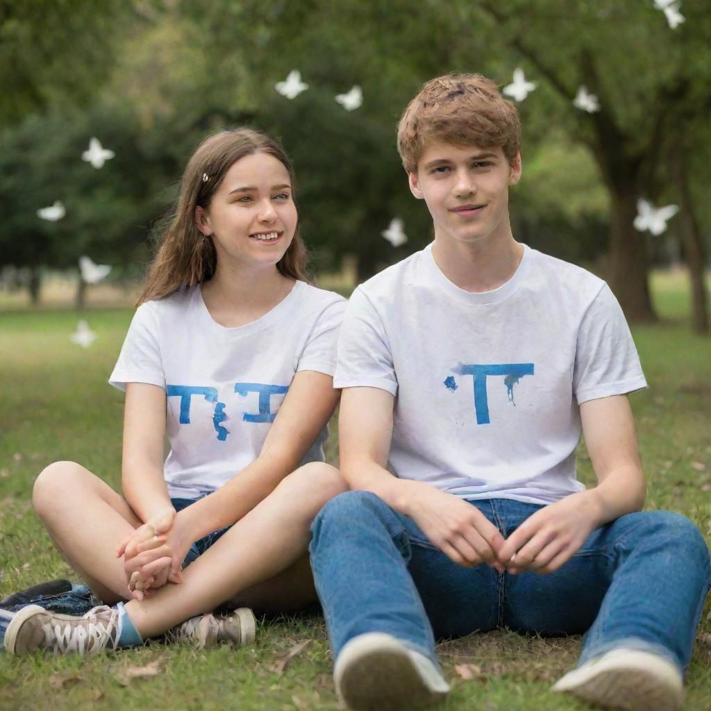 A teenage couple, the girl wearing a T-shirt with the letter 'T' and the boy wearing a T-shirt with the letter 'M', sitting in a park filled with fluttering butterflies.