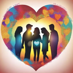 A high-quality digital art image showing a family, a couple, and friends together, all centered around a glowing heart