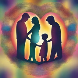 A high-quality digital art image showing a family, a couple, and friends together, all centered around a glowing heart