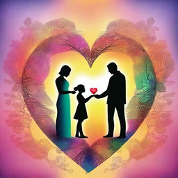 A high-quality digital art image showing a family, a couple, and friends together, all centered around a glowing heart